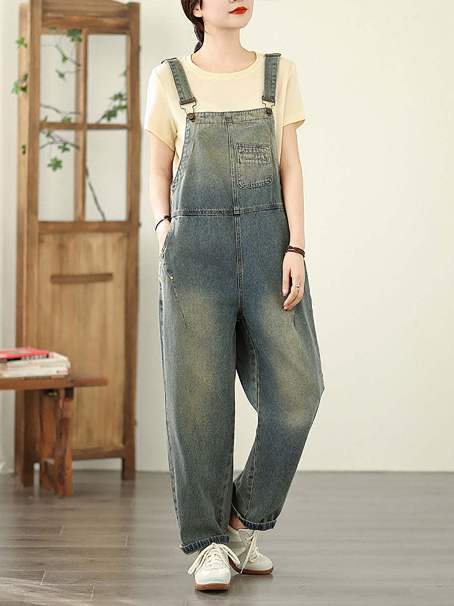 Women Pure Straight Summer Jumpsuits Color Denim Casual