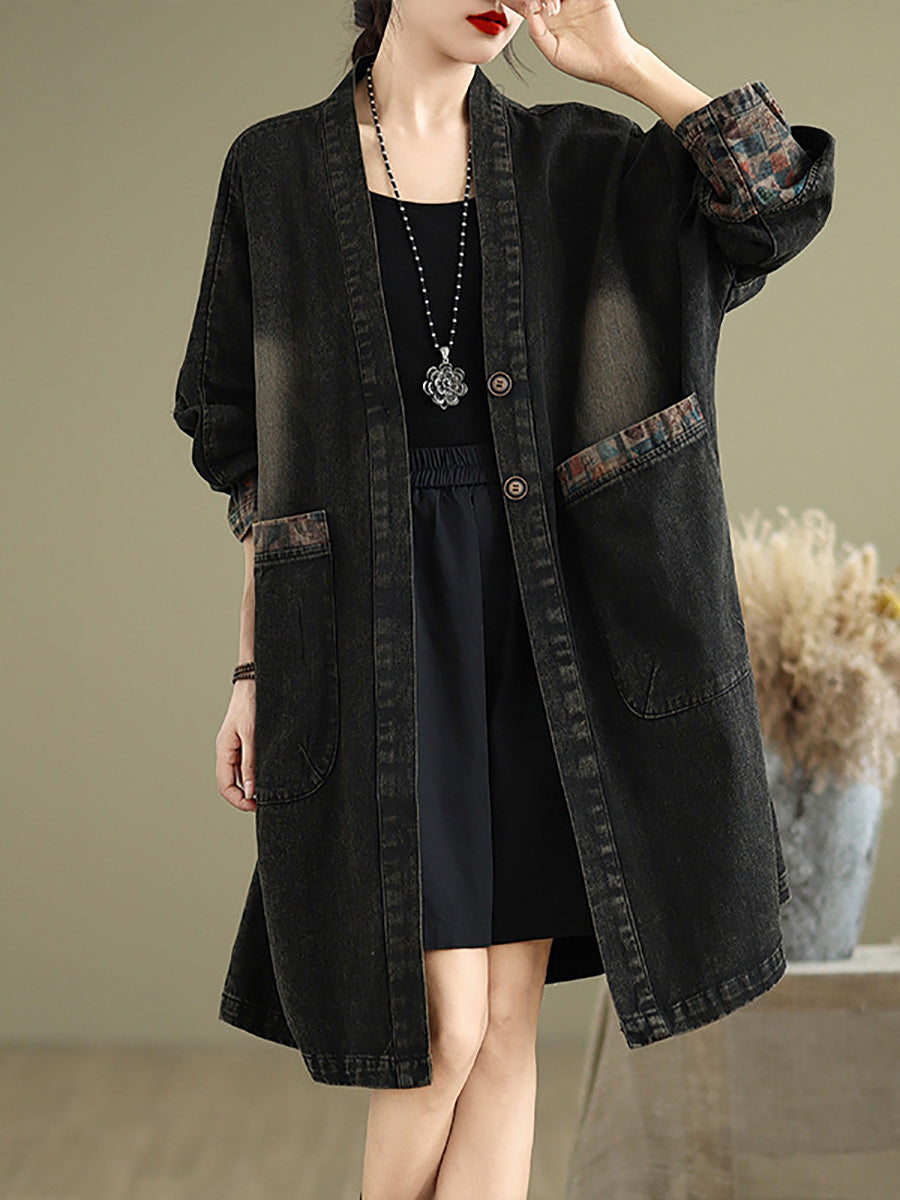 Women Autumn Casual Patchwork V-Neck Pocket Denim Coat AX1056