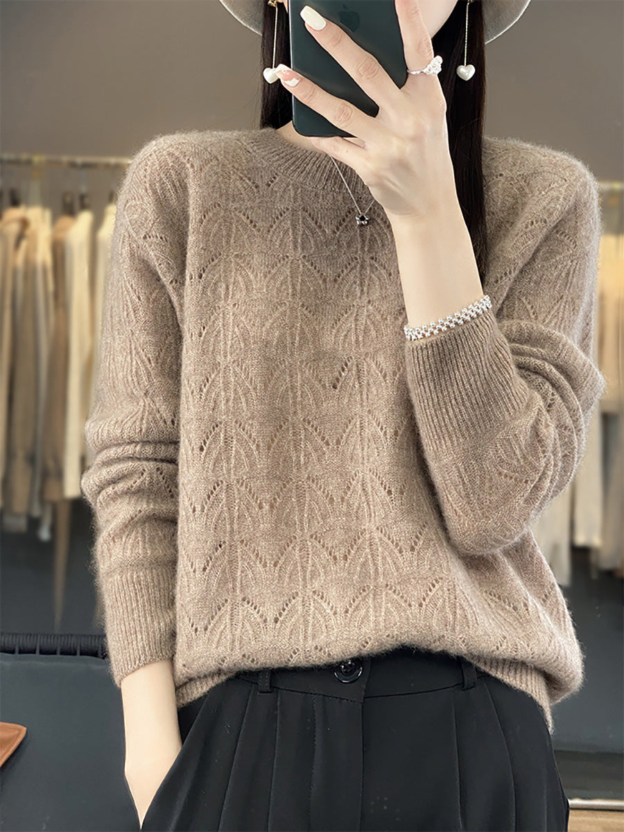 Women Autumn O-Neck Wool Hollow Out Knit Sweater AX1078