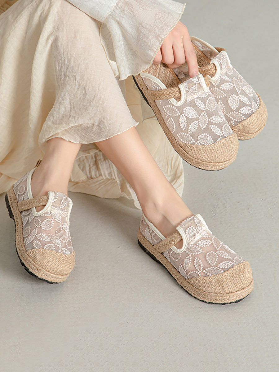 Linen Summer Women Ethnic Flower Embroidery Flat Shoes