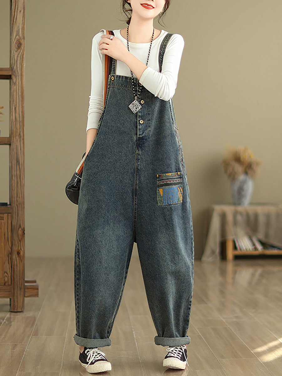 Women Casual Patchwork Loose Denim Jumpsuits