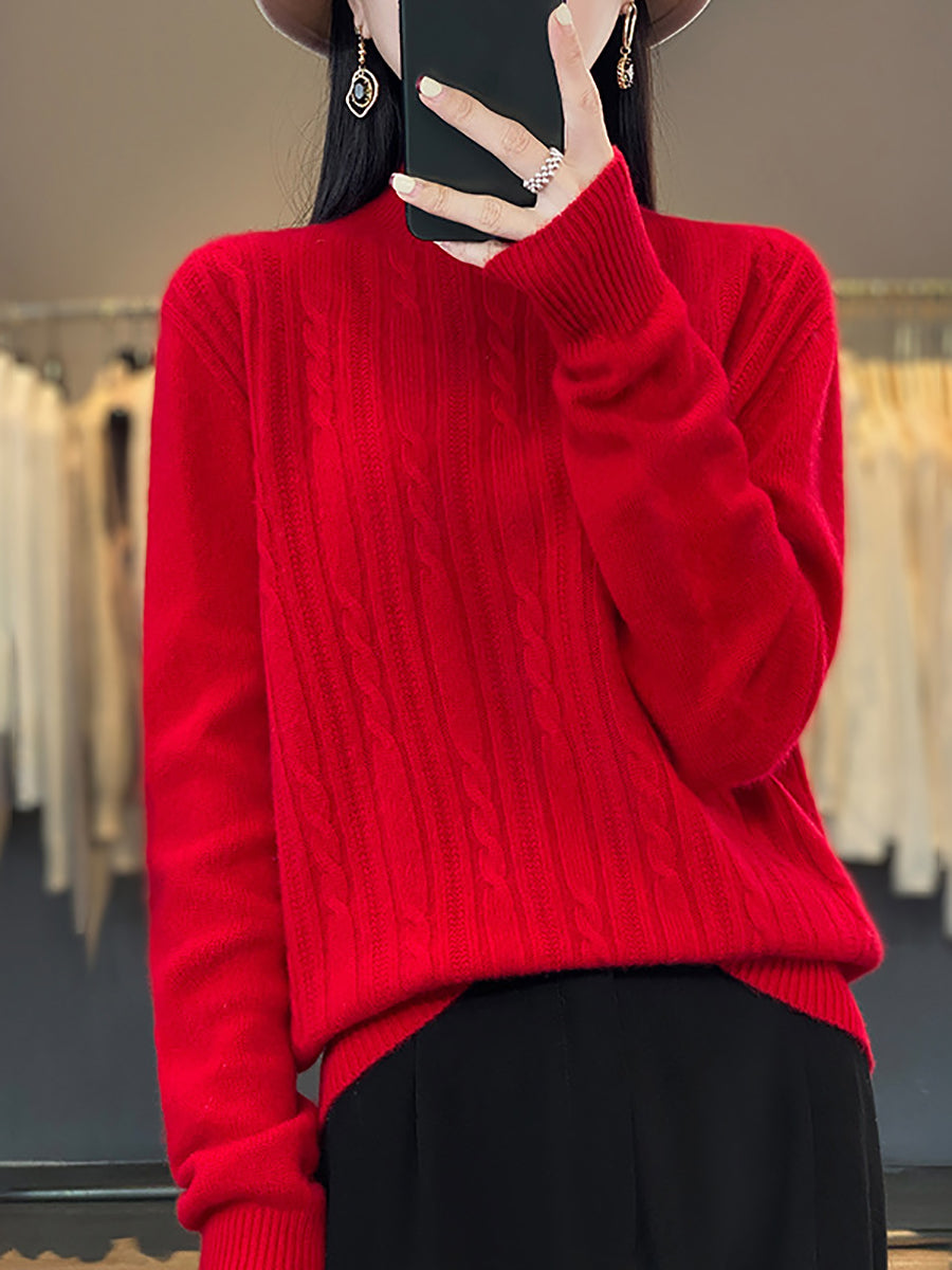 Women Autumn Solid Cable Knit 100%Wool Half Turtleneck Sweater QN027