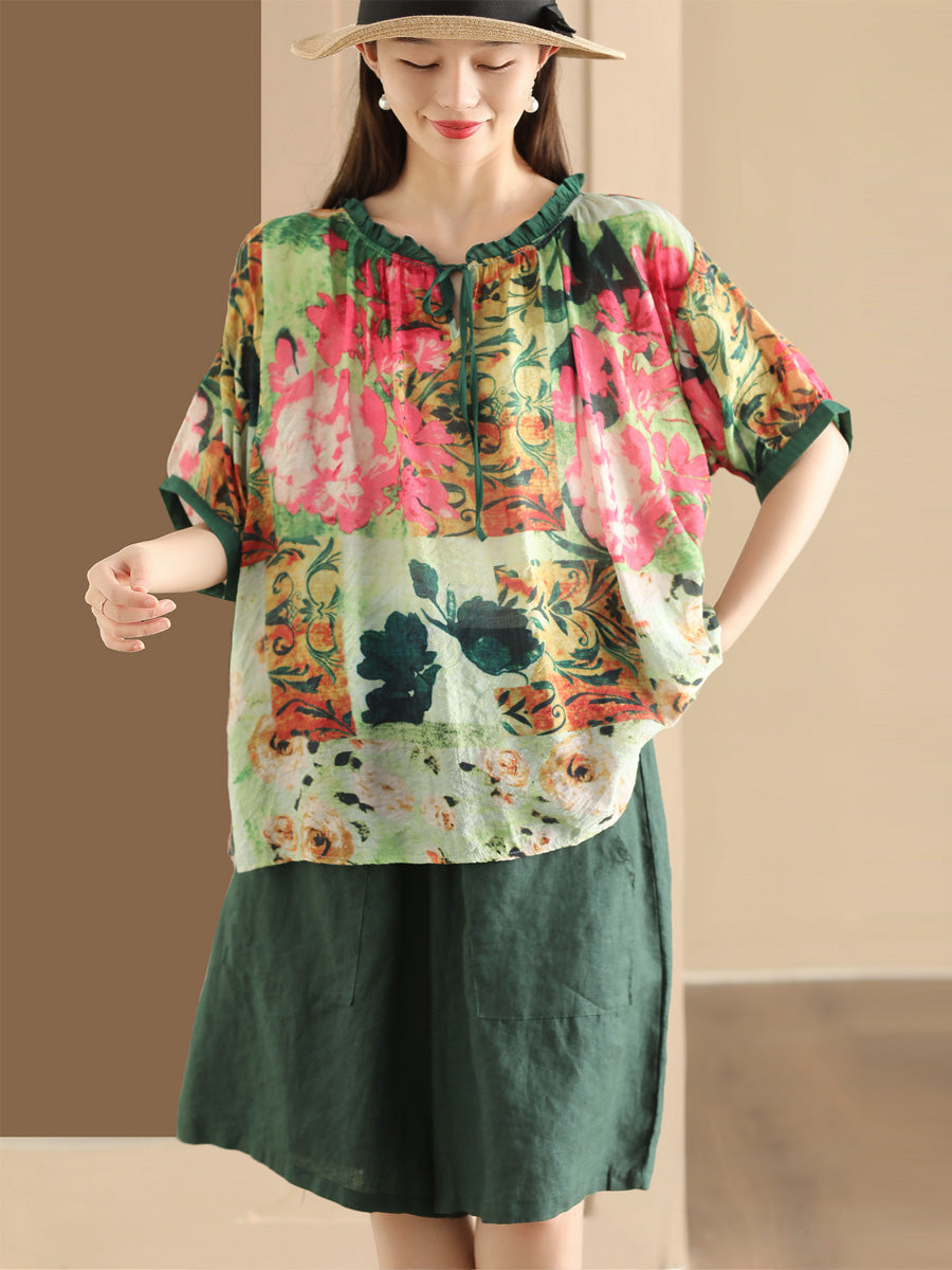 Women Summer Artsy Print Strap Loose Linen Shirt HH046