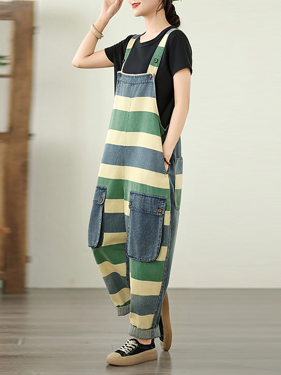 Jumpsuits Stripe Colorblock Summer Women Denim Loose