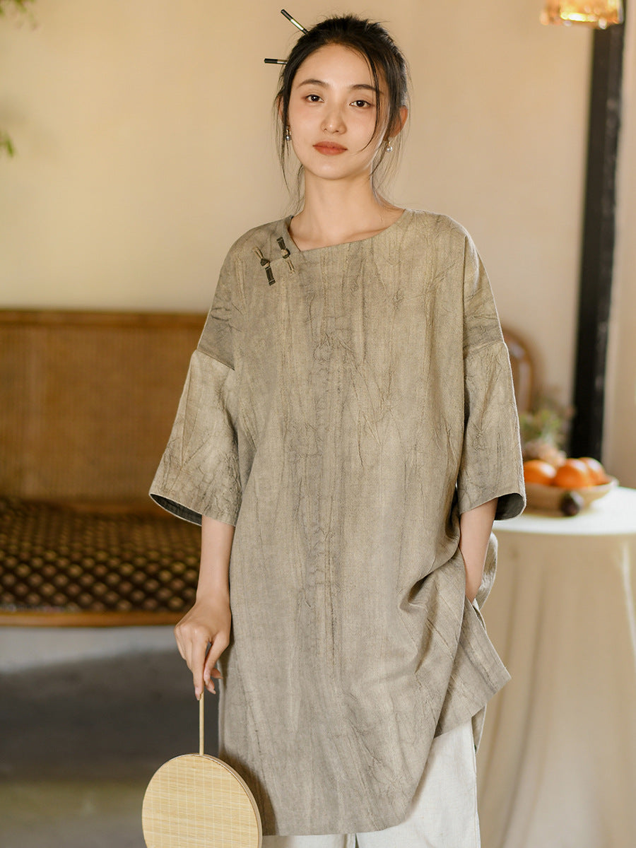 Women Summer Vintage Solid Loose Linen Short Dress II1008