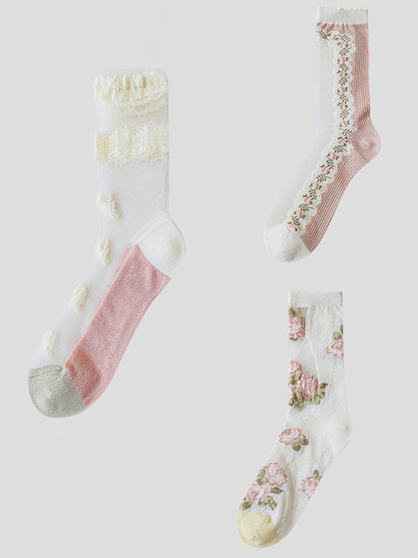 3 Paar Damen Elegante Dünne Socken mit Blumenspitze ZZ1010