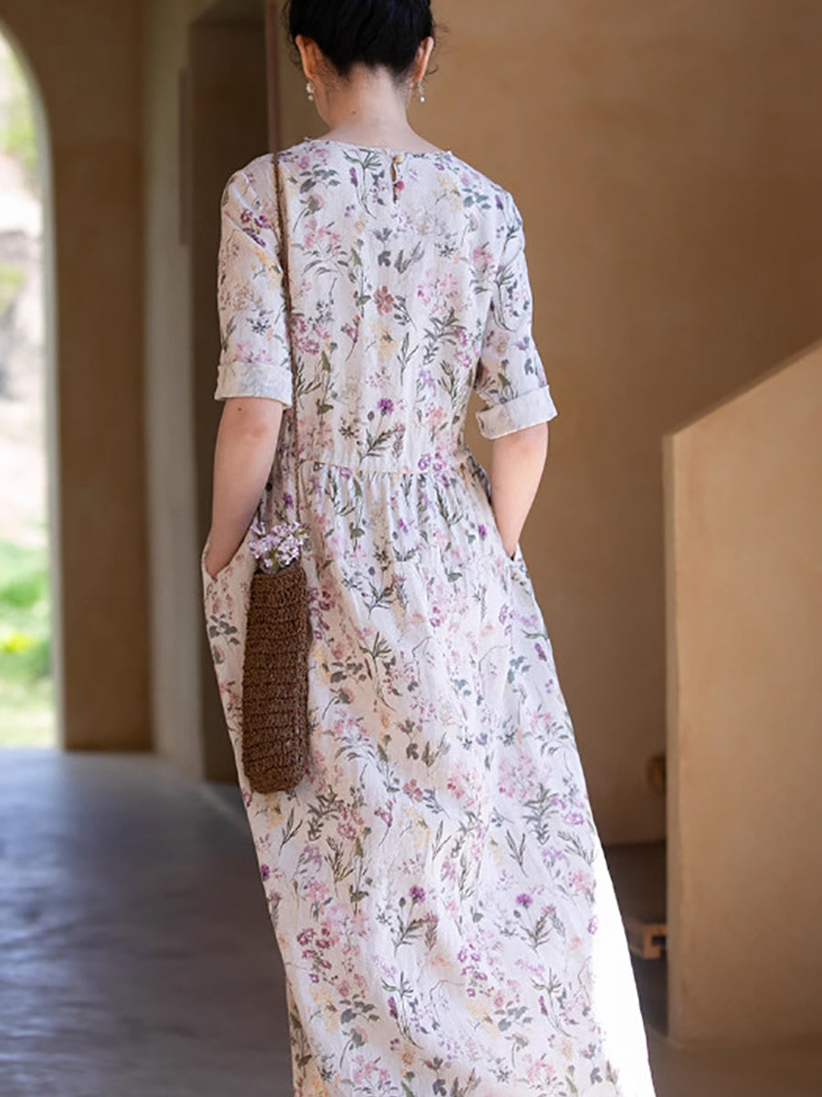 Robe ample d'été en lin à bretelles et motif floral pour femme RR1016