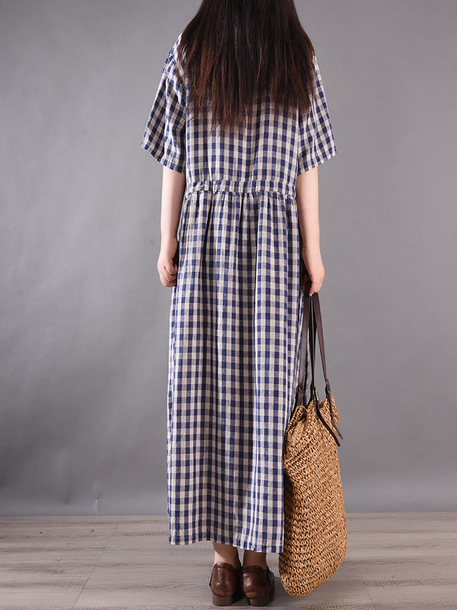 Women Summer Vintage Plaid Strap Linen Cotton Dress CV1036