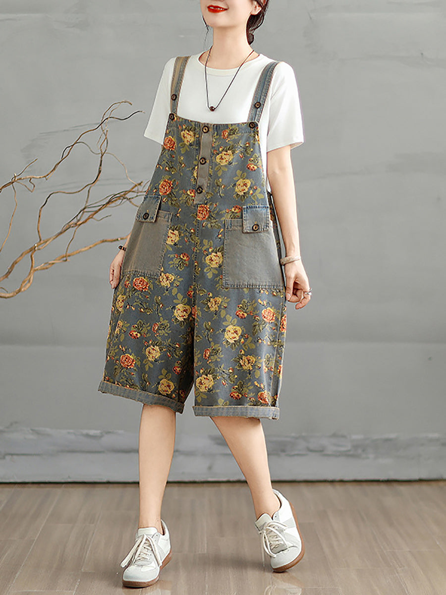 Women Flower Denim Jumpsuits Artsy Short Summer
