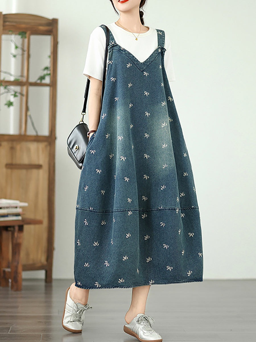 Summer Women Overall Denim Embroidery Dress Bowknot