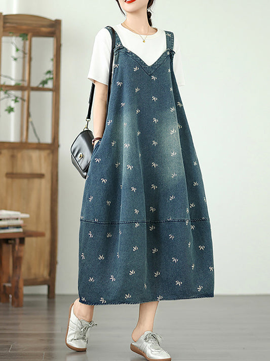 Summer Women Overall Denim Embroidery Dress Bowknot