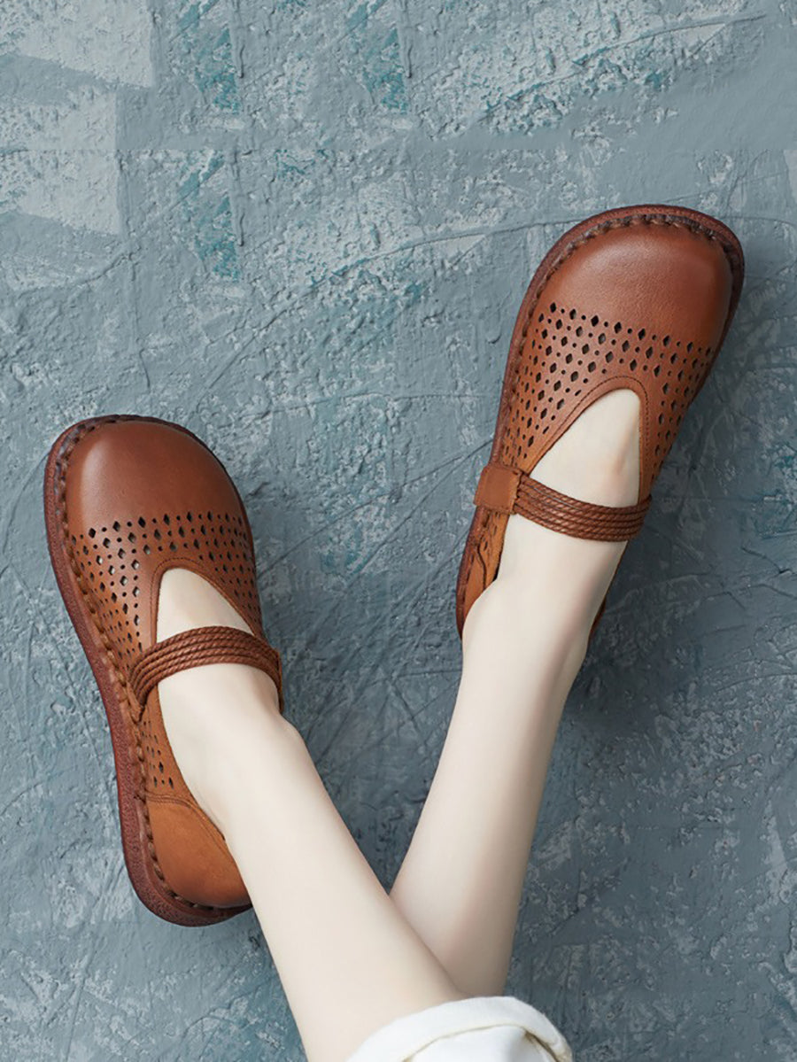 Women Summer Casual Leather Cutout Flat Shoes UI1016