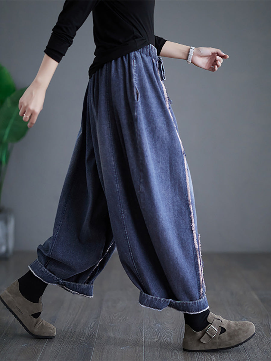 Women Summer Vintage Denim Patch Spliced Harem Pants FD031