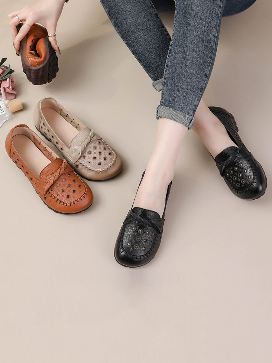 Women Vintage Leather Cutout Spliced Low Heel Shoes RR1047