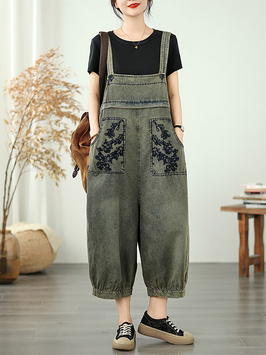 Women Flower Denim Summer Embroidery Jumpsuits Long