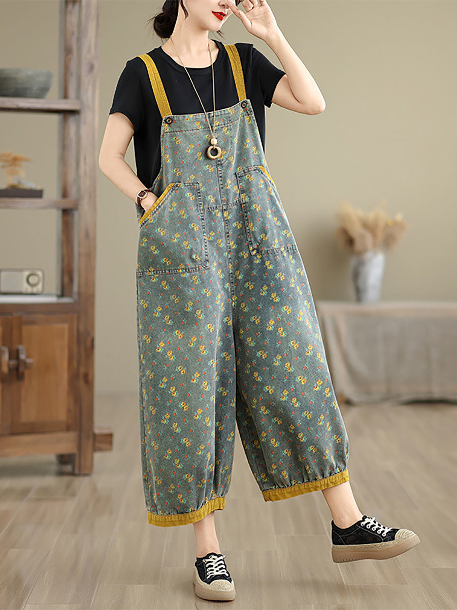 Denim Casual Summer Wide-leg Jumpsuits Floral Women