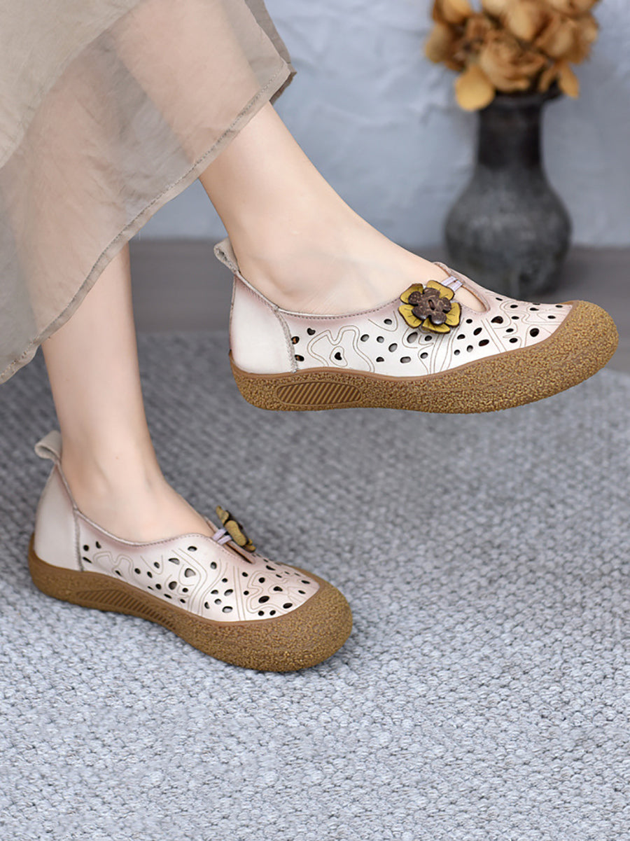 Fashion Women Flower Shoes Out Leather Flat Hollow