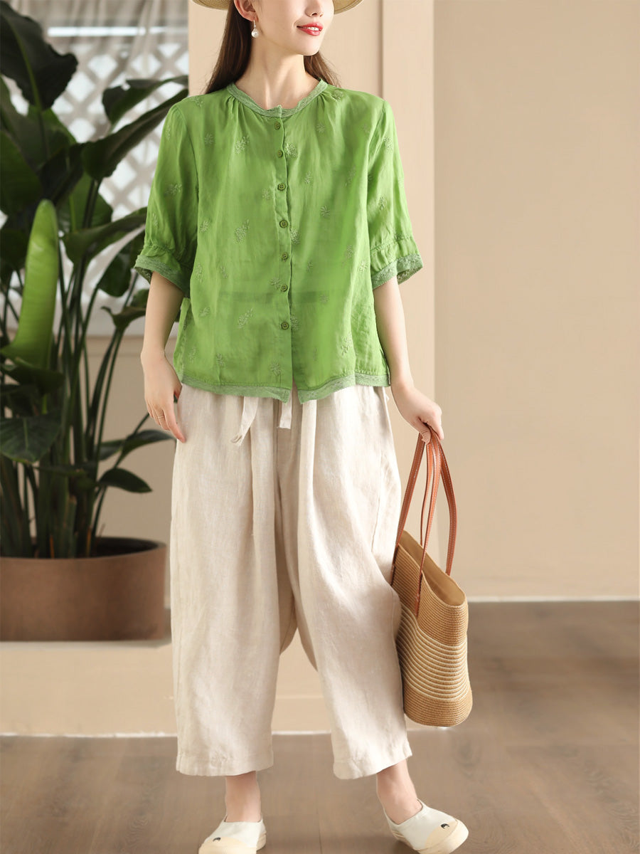 Women Summer Vintage Embroidery Button-up Ramie Shirt CX007