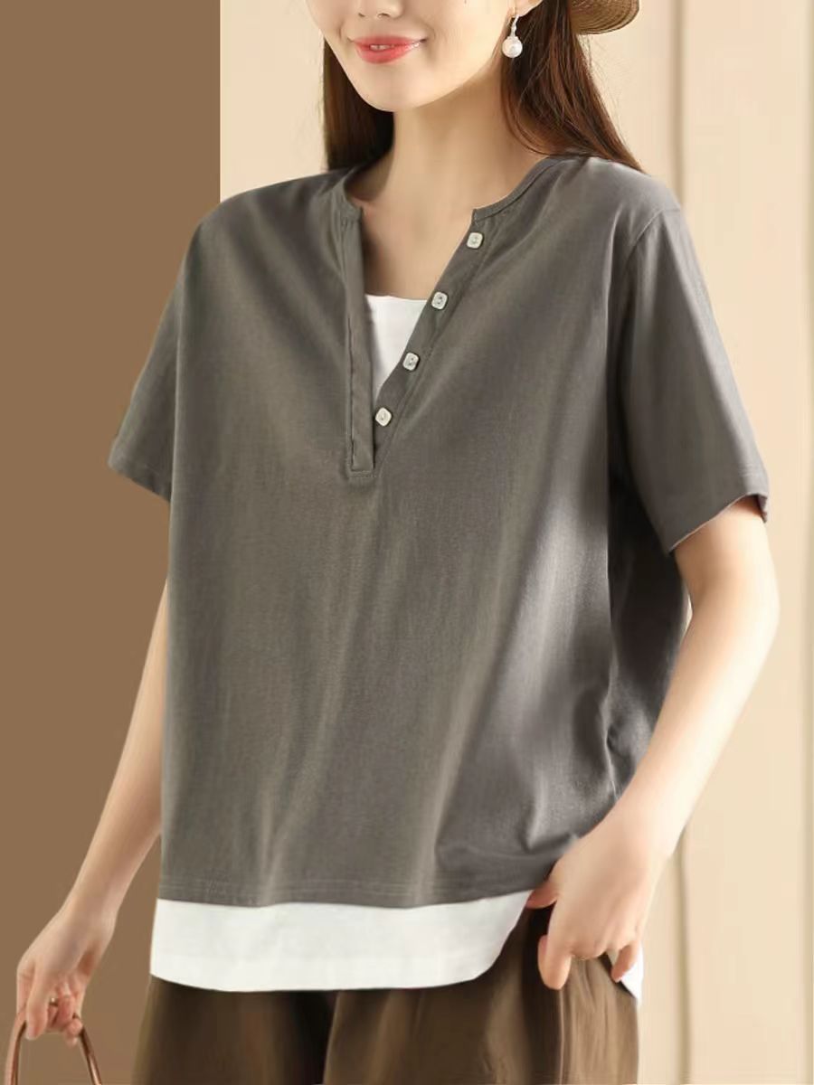 Women Casual Colorblock Pullover V-Neck Cotton Shirt AS1001