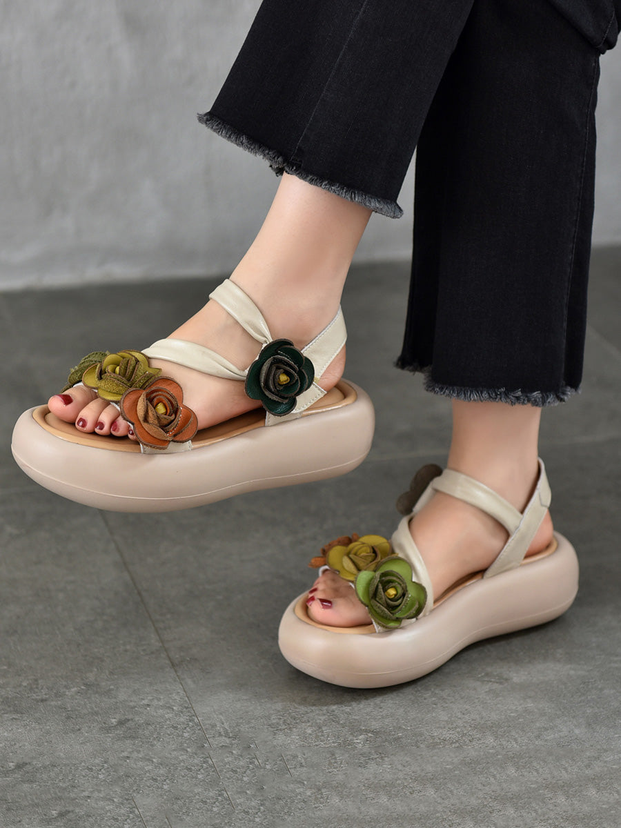 Leather Vintage Sandals FLower Platform Women