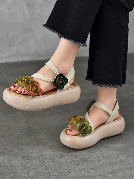 Leather Vintage Sandals FLower Platform Women
