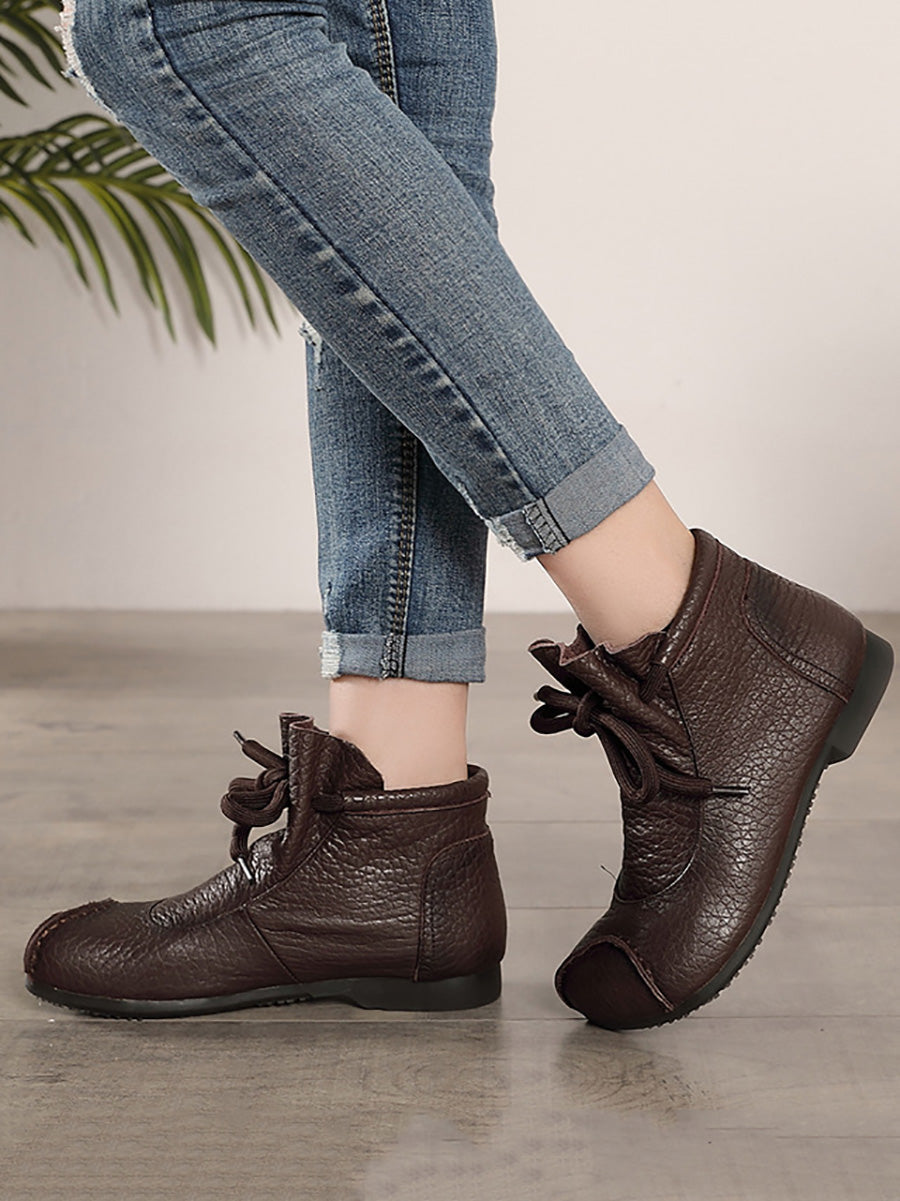 Women Retro Soft Leather Spliced Strap Low Heel Boots AX1009