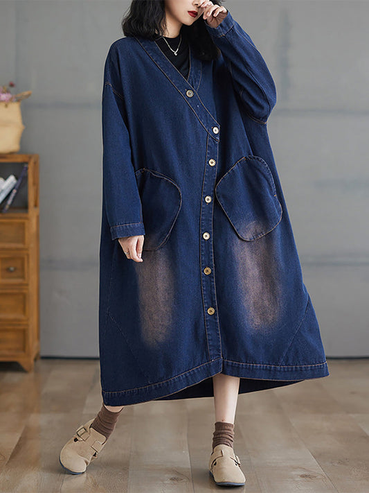 Women Autumn Worn V-Neck Washed Denim Long Coat AX1080