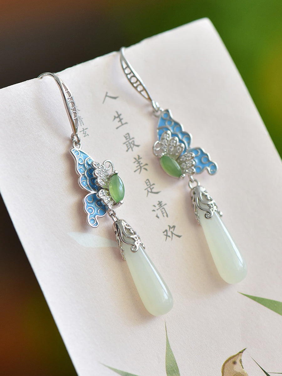 Ethnic Enamel S925Silver Butterfly Earrings Jade Women