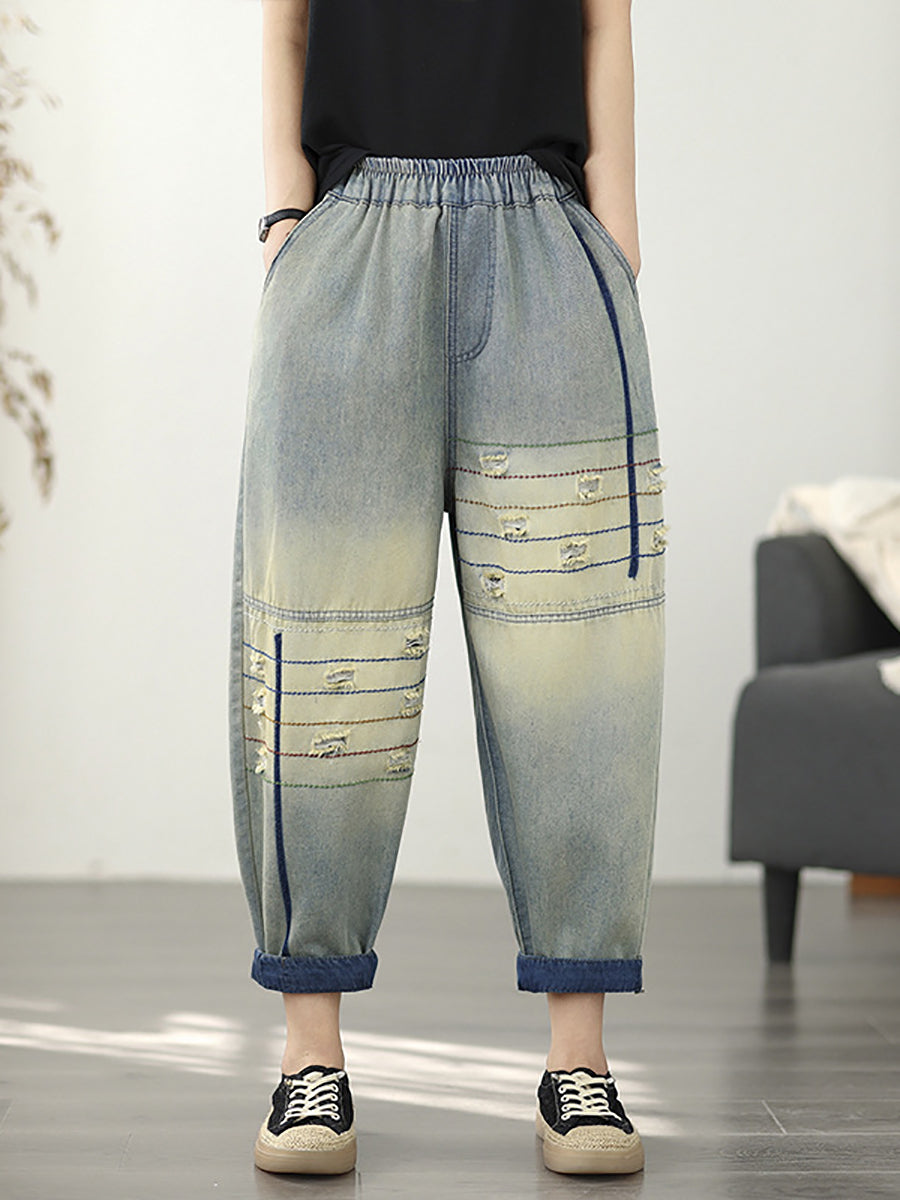 Harem Denim Frayed Retro Women Pants
