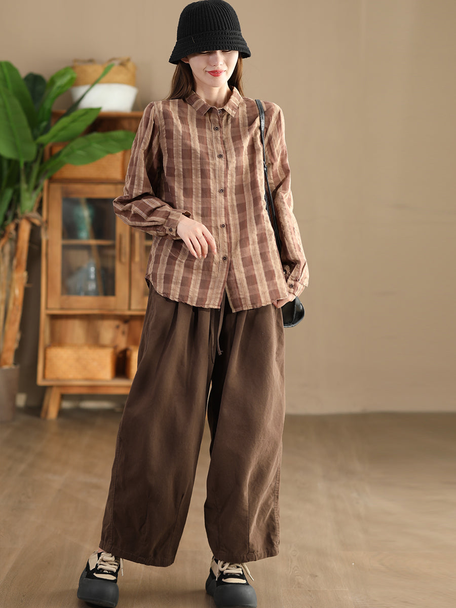 Women Autumn Vintage Plaid Button-up Linen Blouse AT1038