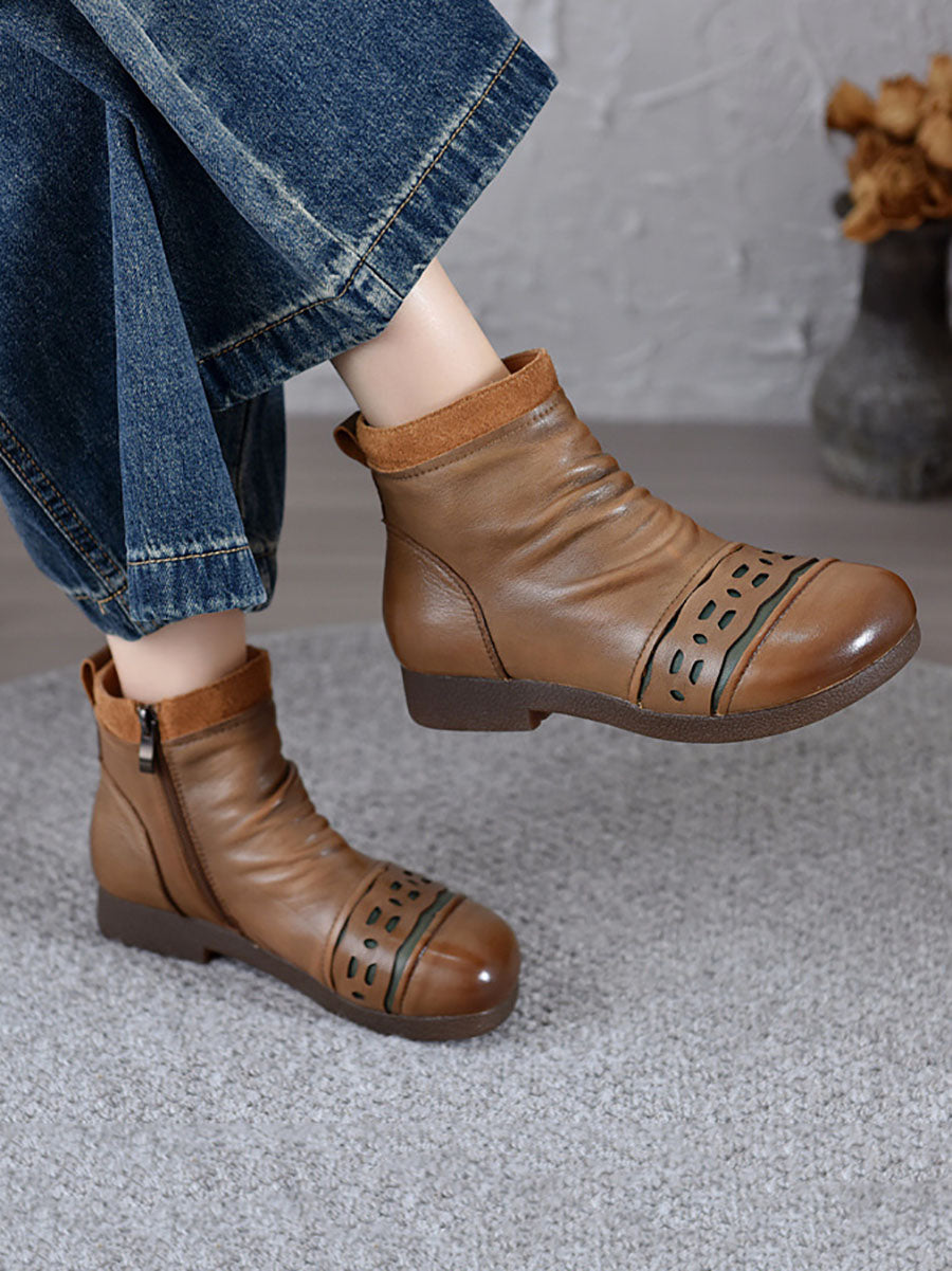 Women Vintage Leather Spliced Low Heel Ankle Boots AV1074