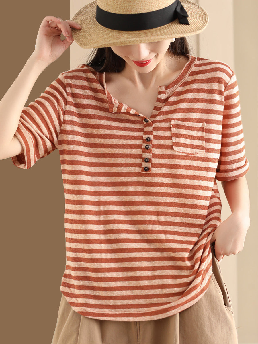 Women Sumer Casual Stripe V-Neck Button Shirt II1019