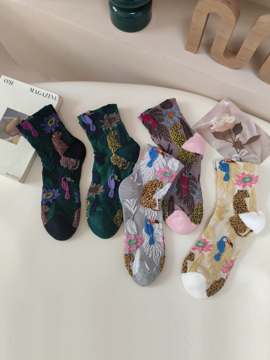 5 Pairs Women Winter Flower Animals Jacquard Socks AX1061