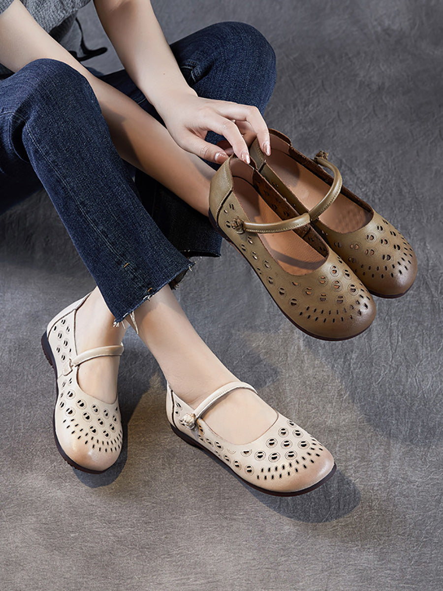 Leather Heel Summer Low Women Shoes Genuine Out Hollow