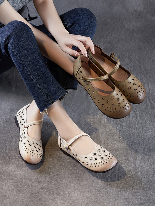 Leather Heel Summer Low Women Shoes Genuine Out Hollow
