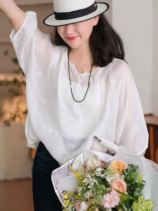 Plus Size Women Summer Embroidery Thin Ramie Shirt XX1030