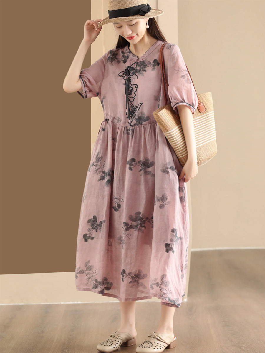 Women Summer Vintage Butterfly Embroidery Ramie Dress PP1036