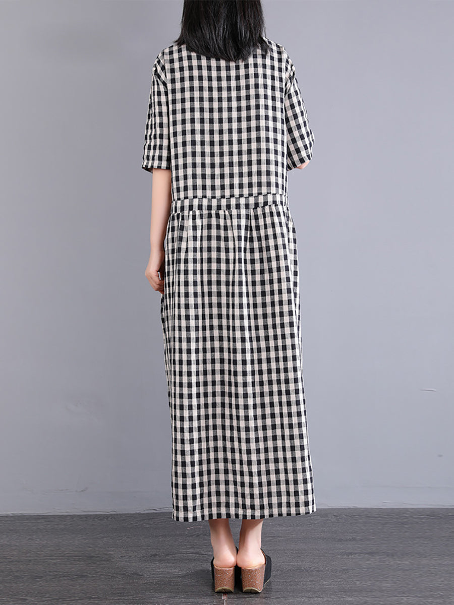 Plus Size Women Casual Plaid Summer Cotton Linen Dress SC1061