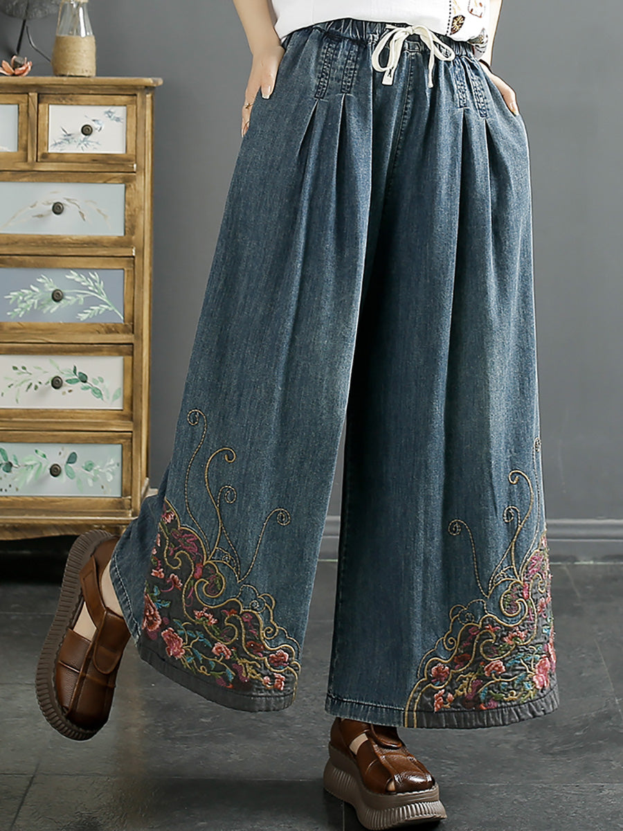 Pantalon en denim à jambe large avec broderie vintage pour femme CO1050