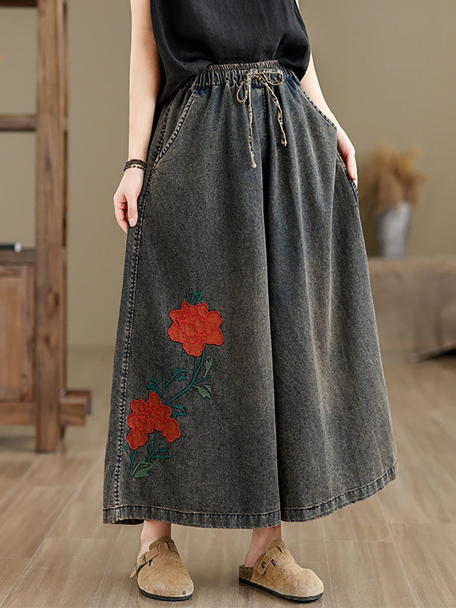 Women Summer Vintage Flower Denim Wide-leg Pants OP1010