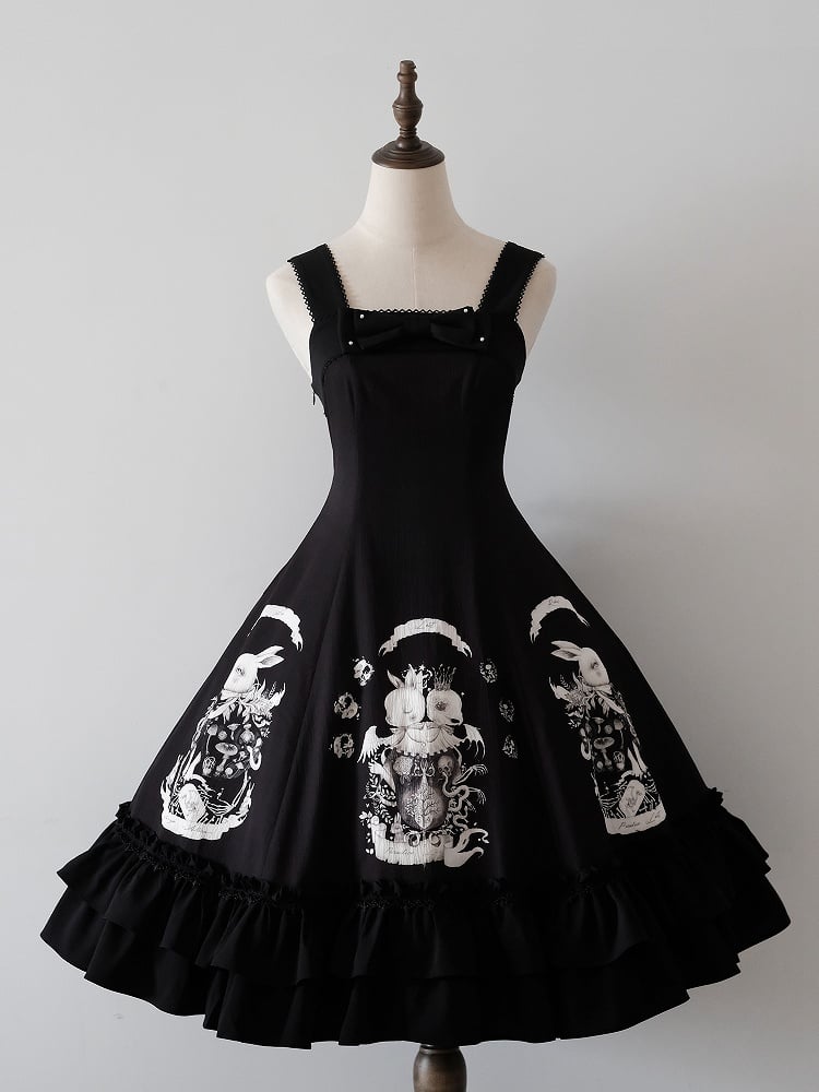 Print Fit Gothic Slim Waist Dark Black Lolita Dress Bunny