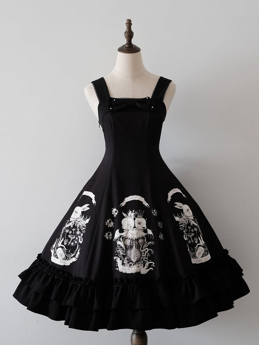 Print Fit Gothic Slim Waist Dark Black Lolita Dress Bunny