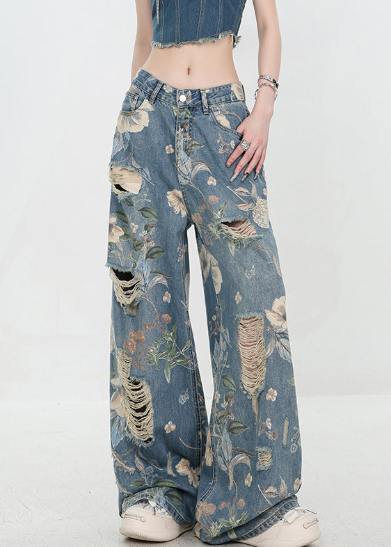 Pants Denim Print Waist Blue Hole Unique High Summer