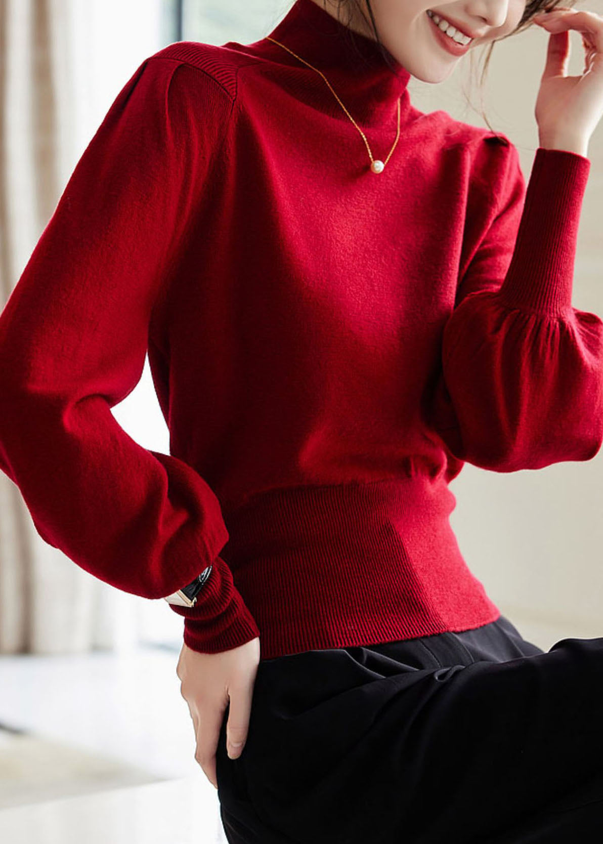 French Red High Neck Warm Cashmere Sweater Winter WS008