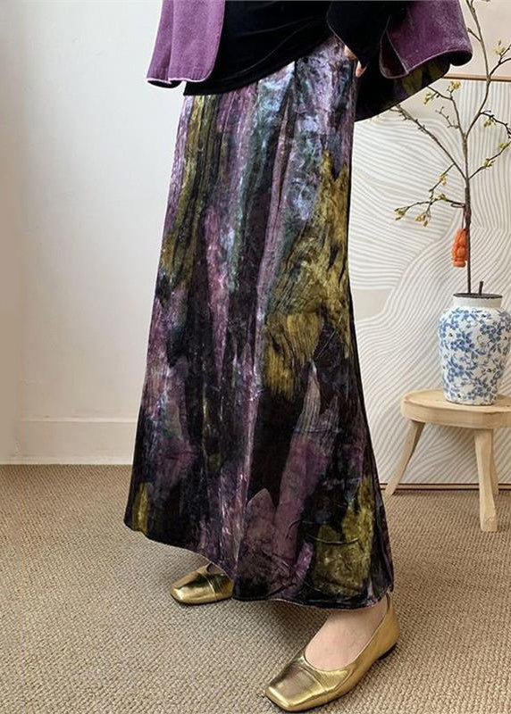 Velvet Side Loose Purple Waist Open Elastic Dye Tie Silk Skirts