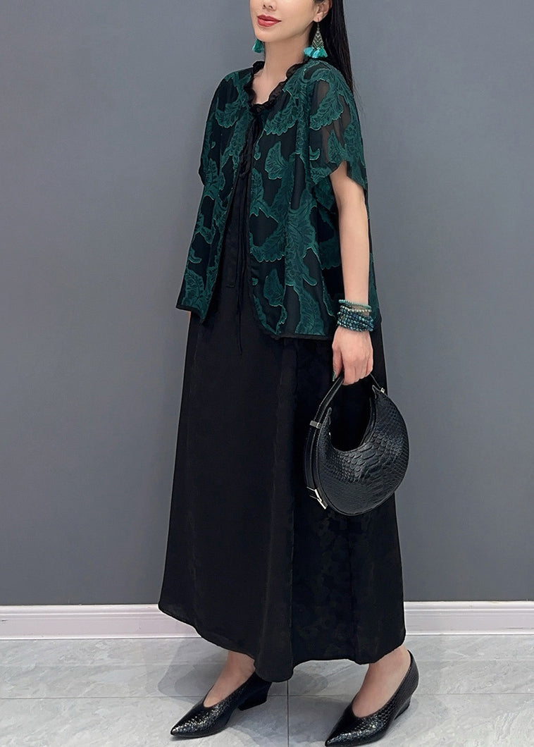 Handmade Green O-Neck Print Fake Two Pieces Long Dress Summer AO1048