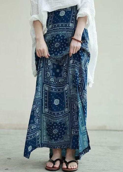 New Blue Print Side Open High Waist Cotton Skirts Fall QP004