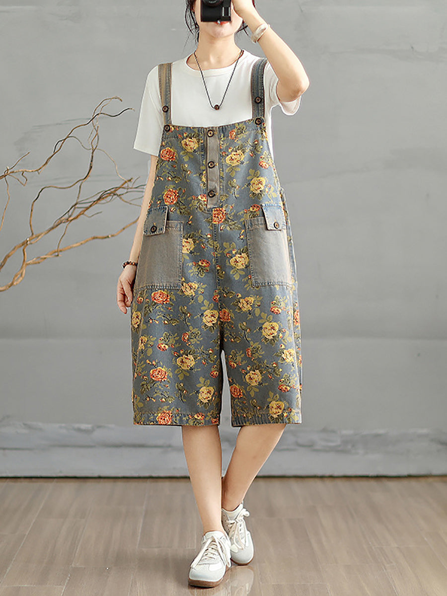 Women Flower Denim Jumpsuits Artsy Short Summer