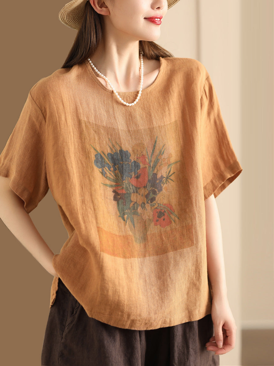 Women Summer Casual Flower Linen Pullover Shirt TY1022