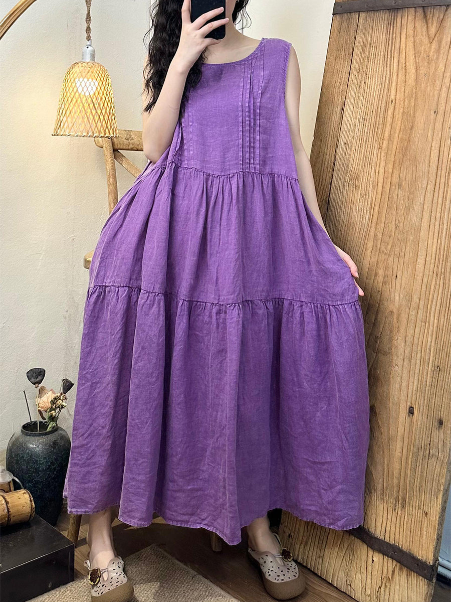 Women Summer Vintage Solid Shirred Linen Vest Dress CV1040